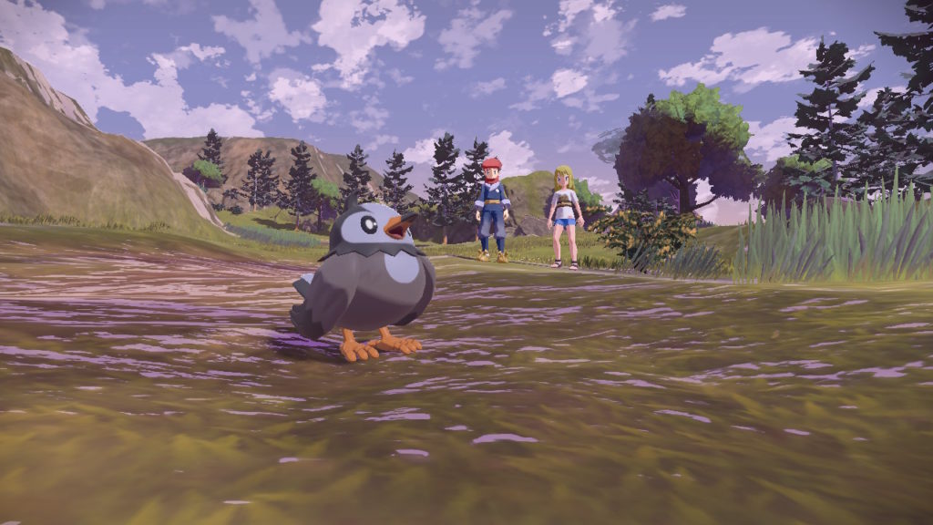 Screenshot von einem Staralili, das sich einige Meter vor Lumius und der Protagonistin in Pokémon-Legenden: Arceus auf dem Boden aufhält