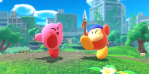Kirby und sein Waddle-Dee-Assistent in Kirby und das vergessene Land
