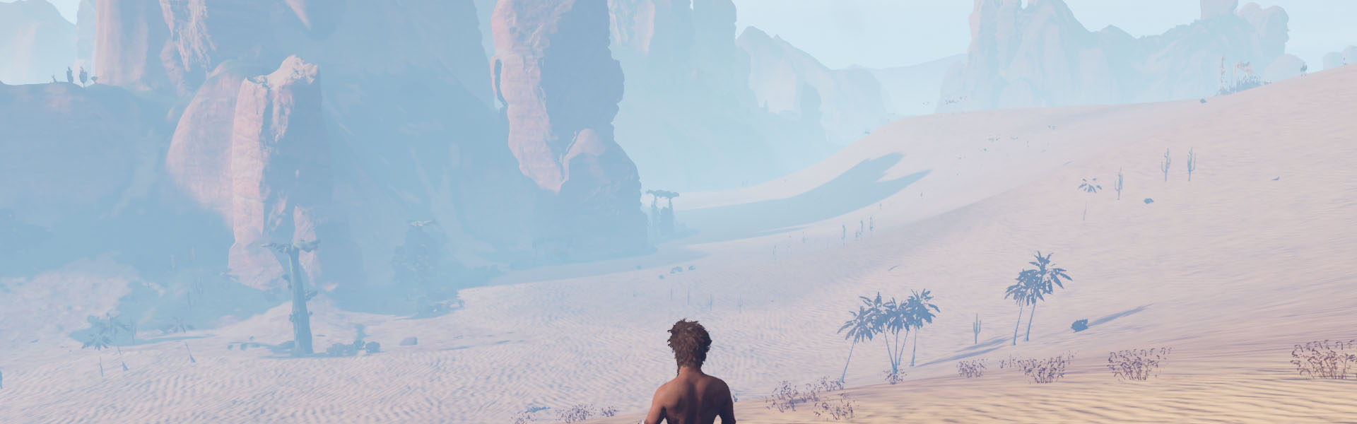 Ein Spieler befindet sich mitten in der Wüste und schaut auf Berge in Last Oasis