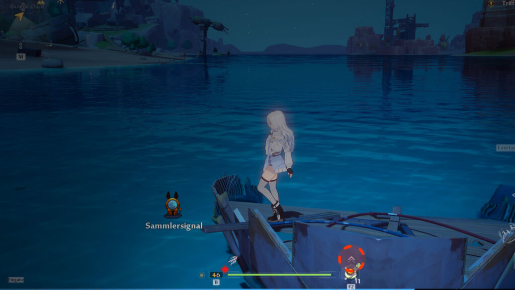 Die Protagonistin in Tower of Fantasy steht auf einem demolierten Boot im Wasser.