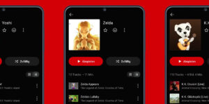 Drei Smartphones mit Charakter-Playlists in der Nintendo-Music-App