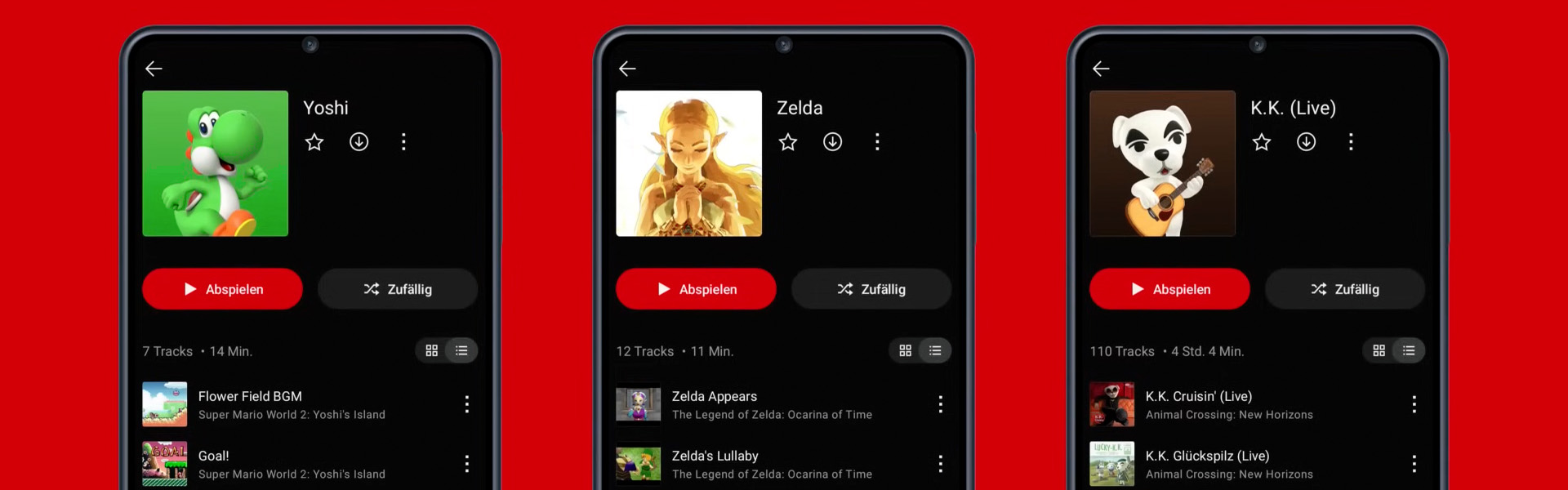 Drei Smartphones mit Charakter-Playlists in der Nintendo-Music-App