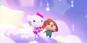 Hello Kitty mit Erdbeerkuchen in den Händen und der Protagonist von Hello Kitty Island Adventure vor lila Hintergrund mit Sternen.