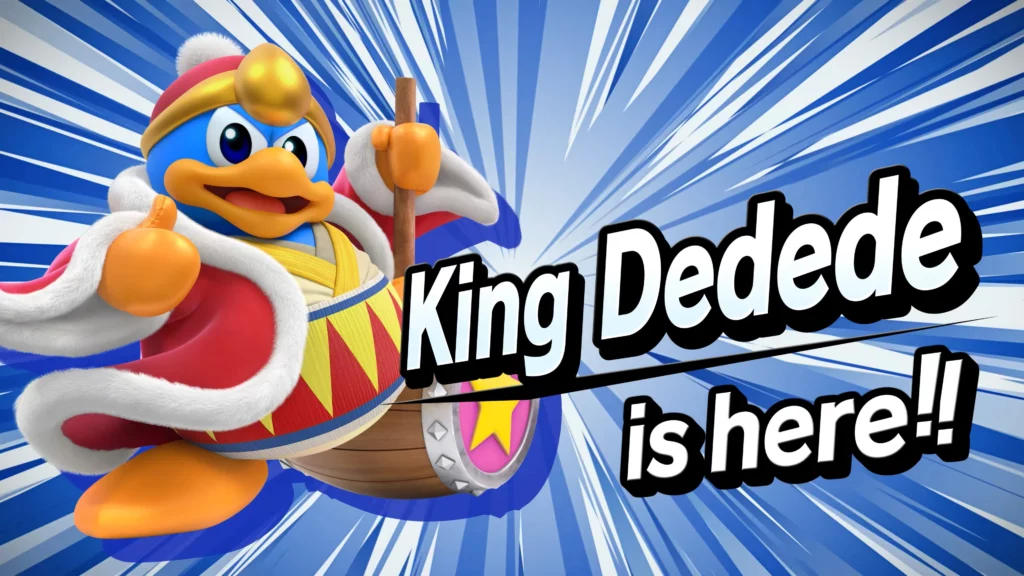 Ein Bild von König Dedede mit seinem Namen vor blauem Hintergrund